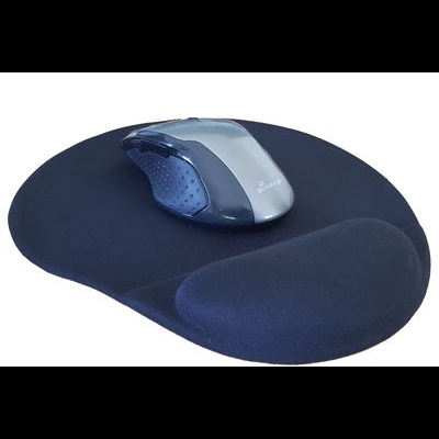 Rato cinzento e azul sobre tapete de rato preto com apoio para pulso