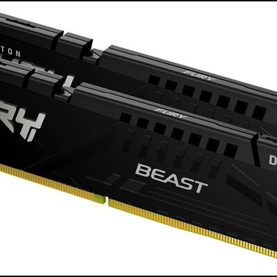 Dois módulos de memória RAM Kingston Fury Beast DDR5 pretos com texto branco