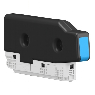 Cartucho de tinta preto e branco com etiqueta azul em fundo branco