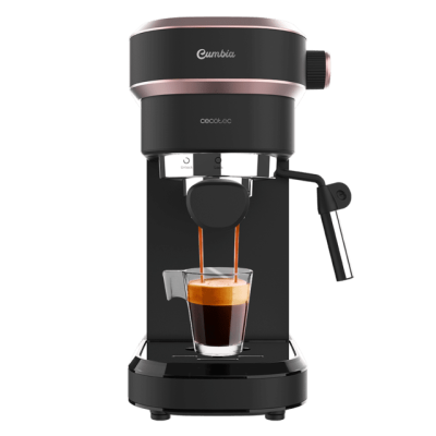 Máquina de café expresso preta e rosa dourado a preparar café