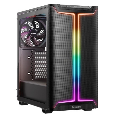 Caixa de computador preta com ventilador e luzes RGB