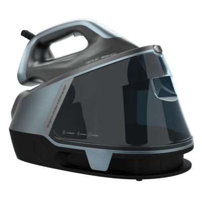 Ferro de engomar elétrico cinzento e preto com visor escuro transparente e texto lateral