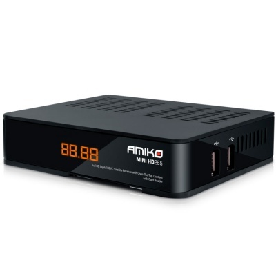 Receptor de satélite digital preto Amiko Mini HD265 com visor LED laranja e portas USB na lateral