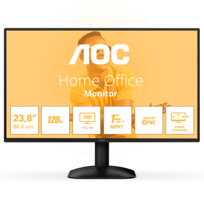 Monitor AOC Home Office com especificações técnicas no ecrã em fundo laranja.