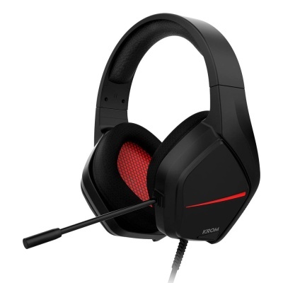 Auricular gaming Krom preto com microfone, almofadas vermelhas e cabo