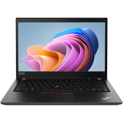Portátil Lenovo ThinkPad T14 preto ligado com padrão colorido no ecrã
