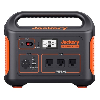Gerador portátil Jackery Explorer 1000 preto e laranja com ecrã LCD e múltiplas portas