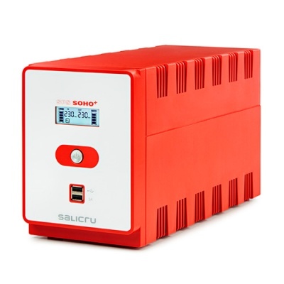 Estabilizador ou UPS Salicru SOHO+ em vermelho e branco com visor digital e portas USB