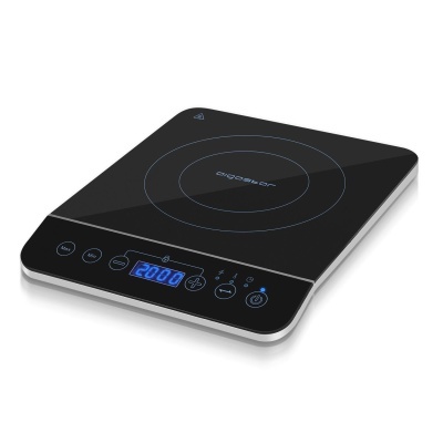 Placa de fogão elétrica de indução preta com painel digital azul.