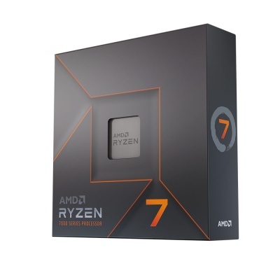 Caixa de processador AMD Ryzen 7 série 7000 com detalhes em laranja