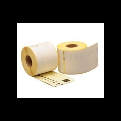 Dois rolos de etiquetas adesivas brancas com códigos de barras