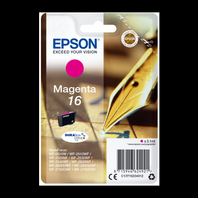 Cartucho de tinta Epson Magenta 16 para impressoras WorkForce, embalagem com imagem de caneta de pena dourada