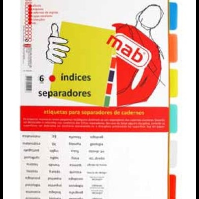Separadores de cadernos MAB coloridos com 6 índices em plástico.