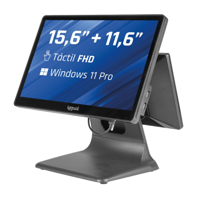 Monitor tátil preto com suporte e texto no ecrã a indicar tamanhos e sistema operativo