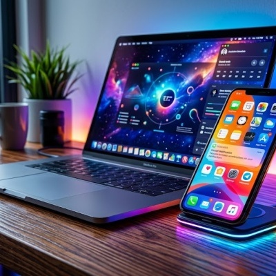 Computador portátil aberto e smartphone num suporte de carregamento sem fios com luz LED multicolorida sobre mesa de madeira