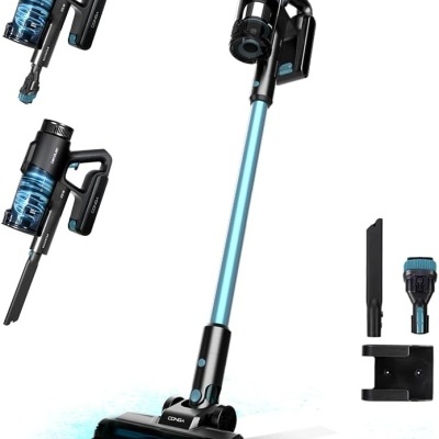 aspirador sem fios preto e azul com acessórios num fundo branco