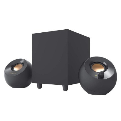 Conjunto de colunas Creative pretas com subwoofer e colunas esféricas