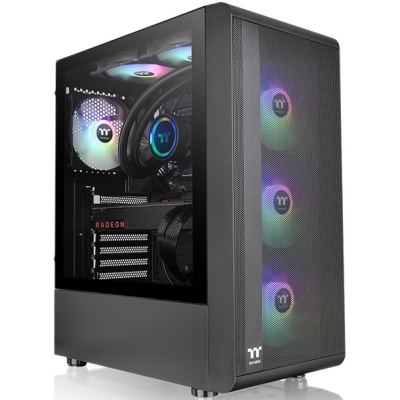 Computador desktop preto com ventoinhas RGB visíveis e vidro lateral.