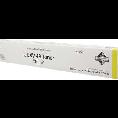 Embalagem branca de toner amarelo Canon C-EXV 49 com texto e selo
