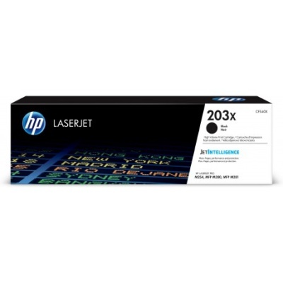 Embalagem de cartucho de tinta HP LaserJet 203x preto CF540X com design colorido