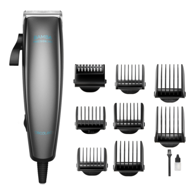 Aparelho de corte de cabelo cinzento e preto com nove pentes e acessórios