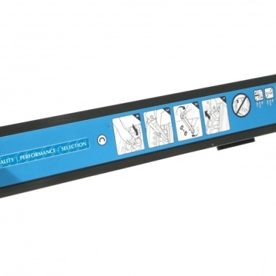 Esvaziador preto com etiqueta azul e ilustrações de uso