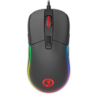 Rato gaming preto com iluminação RGB e cabo