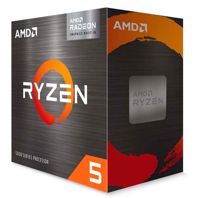Embalagem do processador AMD Ryzen 5 série 5000 com detalhes em laranja e vermelho