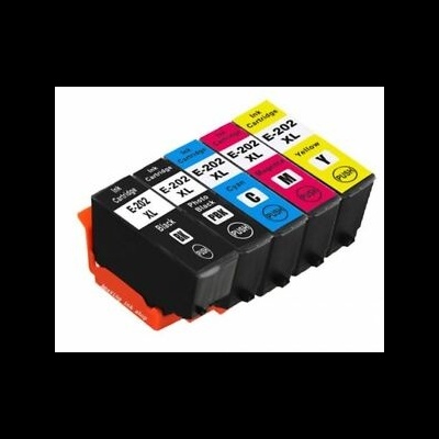 Cinco tinteiros de impressora empilhados lado a lado, com etiquetas coloridas e texto E-202 XL