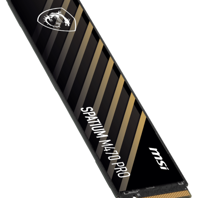 Módulo SSD M.2 preto com detalhes dourados e texto branco SPATIUM M470 PRO msi