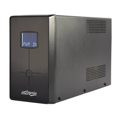 UPS preta da marca Energenie com ecrã LCD azul e botão power no painel frontal