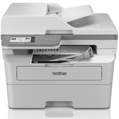 Impressora multifunções Brother MFC-L2750DW cinza e branca com ecrã tátil e folha a sair
