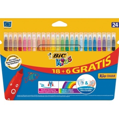 Conjunto colorido de 24 canetas BIC Kids em estojo amarelo e azul