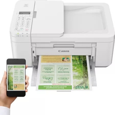 Impressora Canon branca a imprimir documento verde com telemóvel a mostrar o mesmo documento
