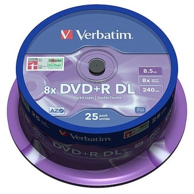 pack de 25 DVDs Verbatim DVD+R DL azul e roxo com indicações técnicas