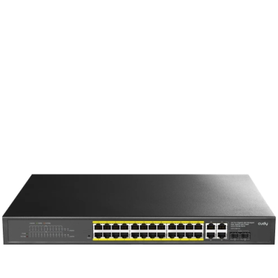 Switch de rede preto com 24 portas Ethernet amarelas e 4 portas adicionais