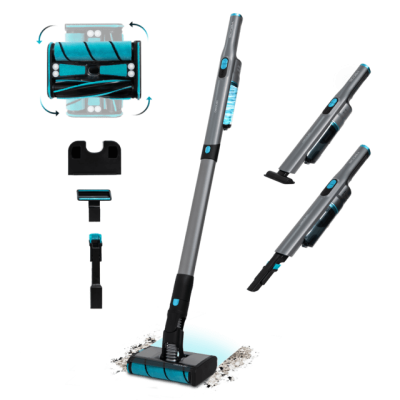 aspirador portátil sem fios cinza com detalhes azuis e acessórios
