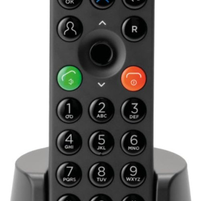 Telefone fixo preto Motorola com ecrã azul e teclado numérico em base preta