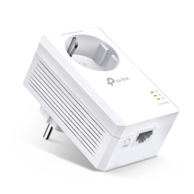 Adaptador elétrico branco TP-Link com ficha padrão europeu e porta RJ45