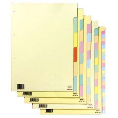 Separadores de papel creme com abas coloridas em vários tons pastel para organização de documentos