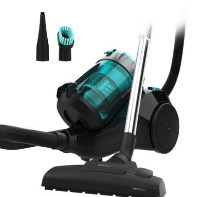 aspirador sem saco preto e azul com acessórios