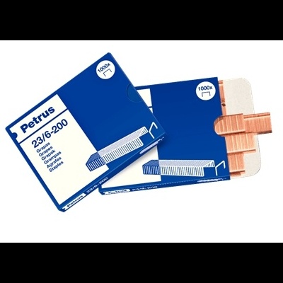 Caixas de grampos PETRUS 23/6-200 azuis e brancas com grampos metálicos