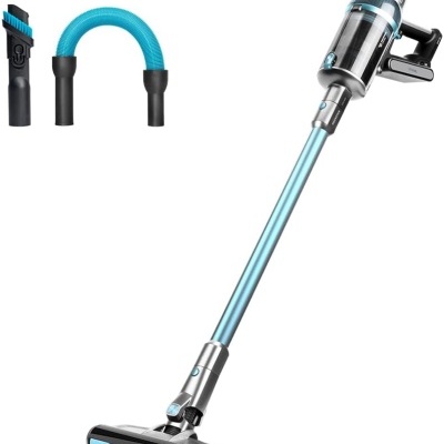 aspirador vertical sem fios azul e prateado com acessórios