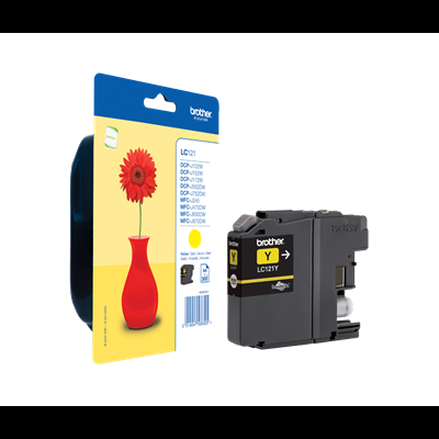 Tinteiro Brother LC121Y amarelo com embalagem azul e amarela com imagem de flor vermelha num vaso