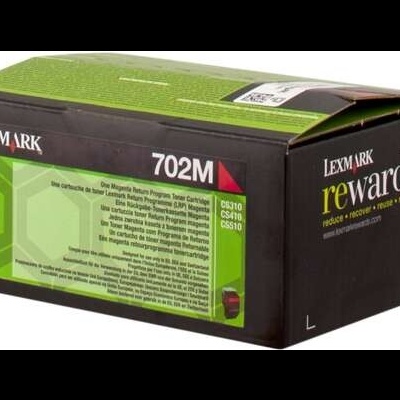Caixa de toner Lexmark 702M preta e verde com texto e slogan Lexmark rewards