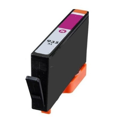 Cartucho de tinta preto com etiqueta branca e roxa 935 XL M em fundo branco