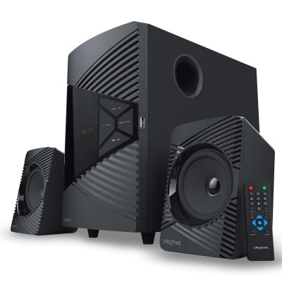 Sistema de altifalantes Creative preto com subwoofer, duas colunas e comando remoto