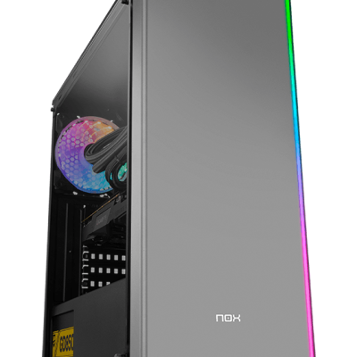 Computador de secretária cinza com iluminação RGB e painel lateral de vidro