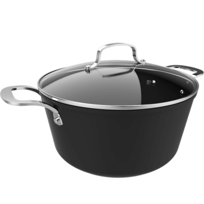 Panela preta com tampa de vidro e pegas metálicas