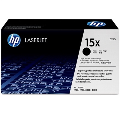 Cartucho de tinta preta HP LaserJet 15x em embalagem preta e branca